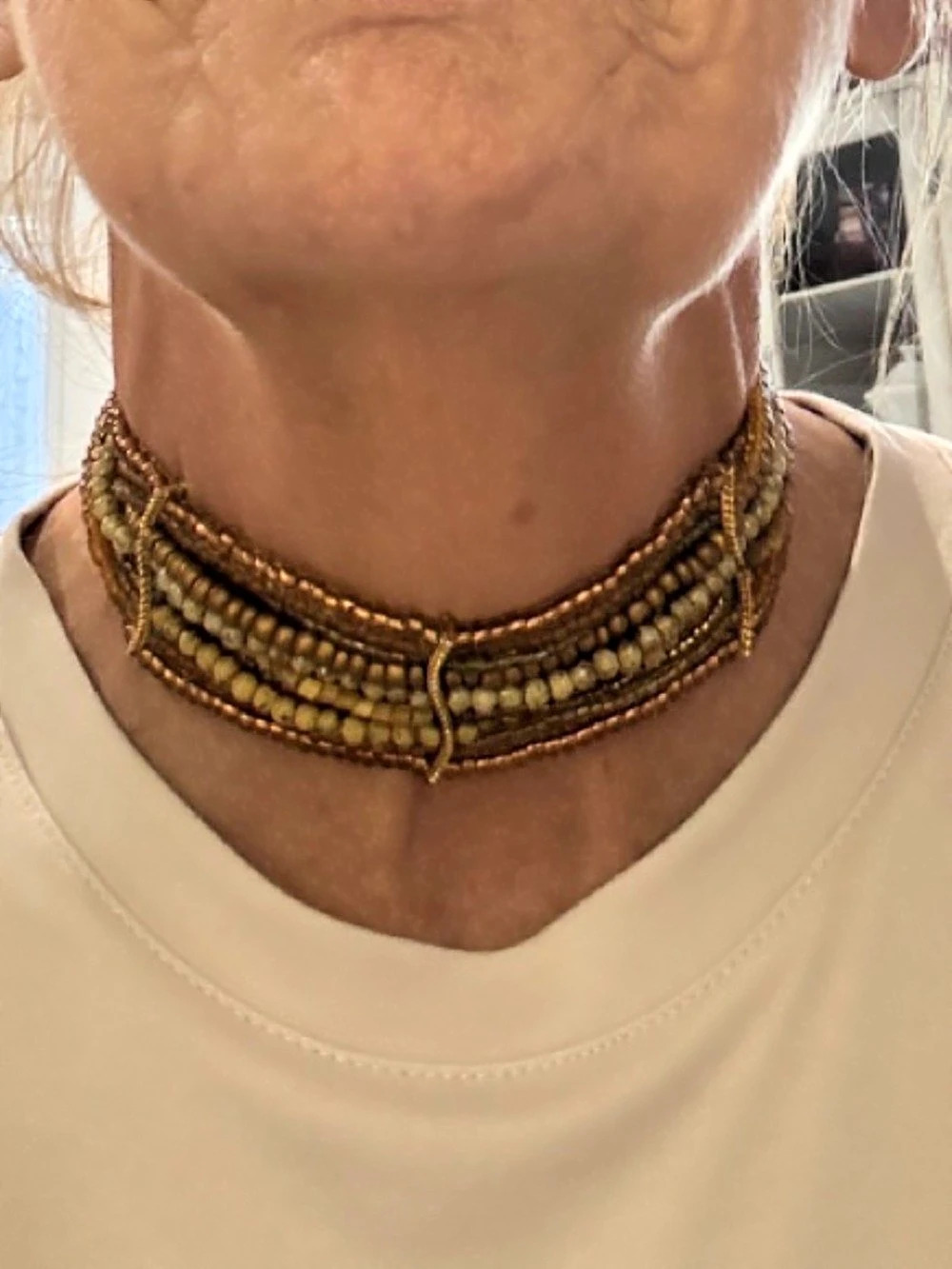 Beaded Layered Choker Necklace in Brown & cream
